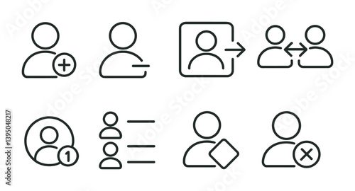 Social interaction icon set: linear style for contact management and user profiles