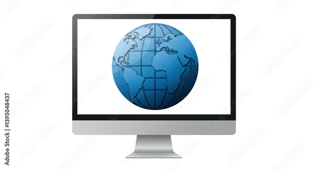 Isolated Computer Screen Displaying Blue World Globe Isolated Computer Screen Displaying Blue World Globe