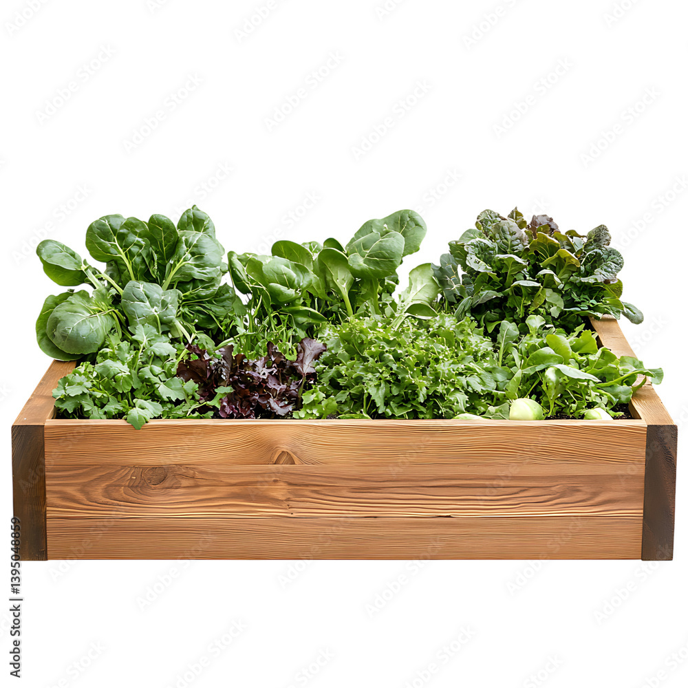 A square raised wooden garden bed filled with a lush mix of green leafy vegetables and herbs growing in rich dark soil displayed on a transparent background