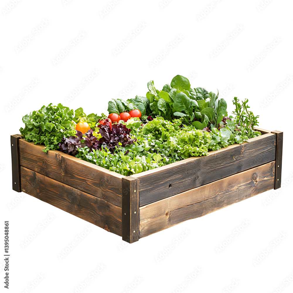 A square raised wooden garden bed filled with a lush mix of green leafy vegetables and herbs growing in rich dark soil displayed on a transparent background