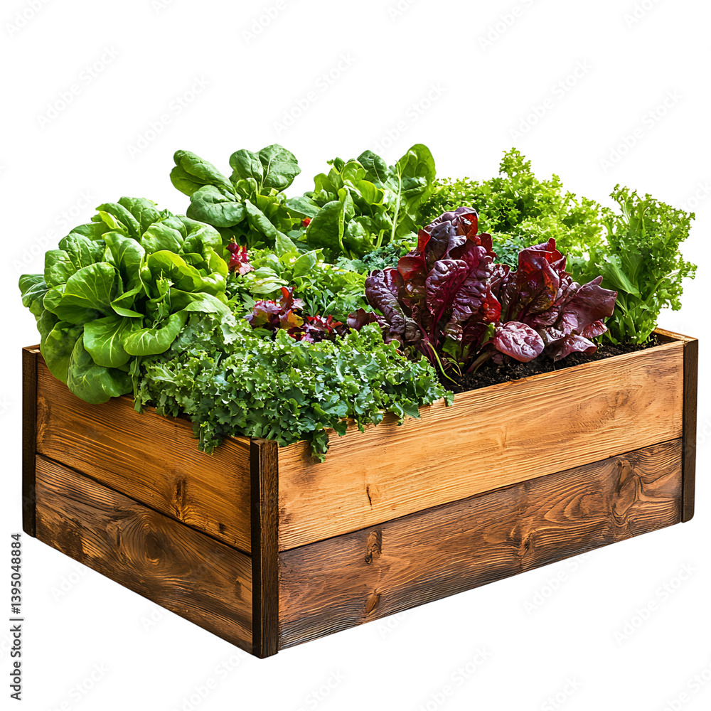 A square raised wooden garden bed filled with a lush mix of green leafy vegetables and herbs growing in rich dark soil displayed on a transparent background