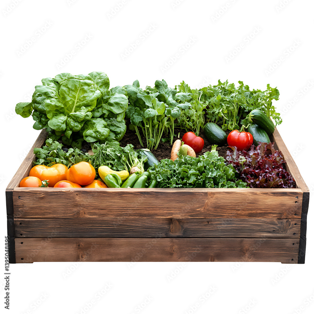 A square raised wooden garden bed filled with a lush mix of green leafy vegetables and herbs growing in rich dark soil displayed on a transparent background