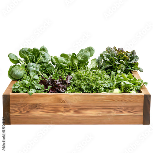 Obraz na płótnie A square raised wooden garden bed filled with a lush mix of green leafy vegetables and herbs growing in rich dark soil displayed on a transparent background w salonie