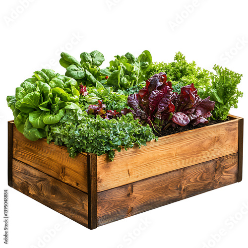 Obraz na płótnie A square raised wooden garden bed filled with a lush mix of green leafy vegetables and herbs growing in rich dark soil displayed on a transparent background w salonie