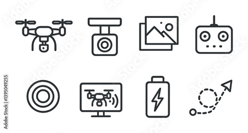 Drone technology linear icon set: controllers, cameras, batteries, flight paths