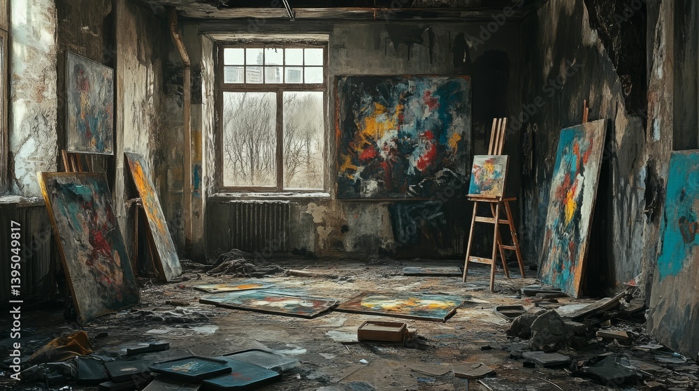 Obraz premium A dilapidated room with paintings and an easel bathed in window light.
