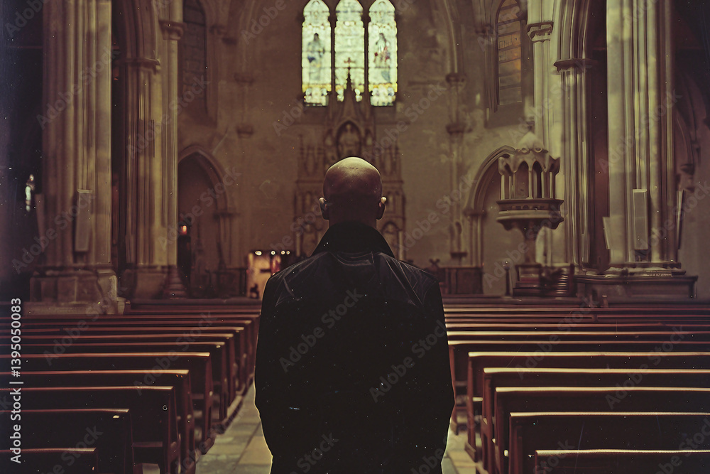 Person in a historic church with stained glass windows, reflecting on faith and spirituality – generative AI Person in a historic church with stained glass windows, reflecting on faith and spirituality – generative AI