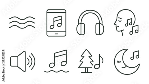 Music-themed linear icons set featuring headphones and musical notes