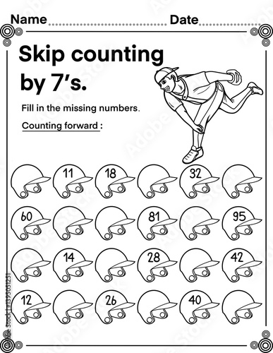  Skip counting by 7 with baseball pitcher, math activity for kids, preschool, kindergarten and homeschool , fit for 8.5”x11” size