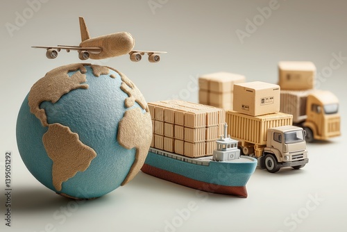Global Logistics Concept: 3D Render of Airplane, Globe, Cargo Ship, and Truck representing worldwide shipping on neutral background