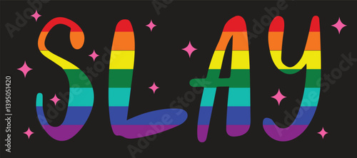 Gay vibe phrase in rainbow pride colors. Hand drawn cartoon style word, isolated on dark background. Vector illustration.