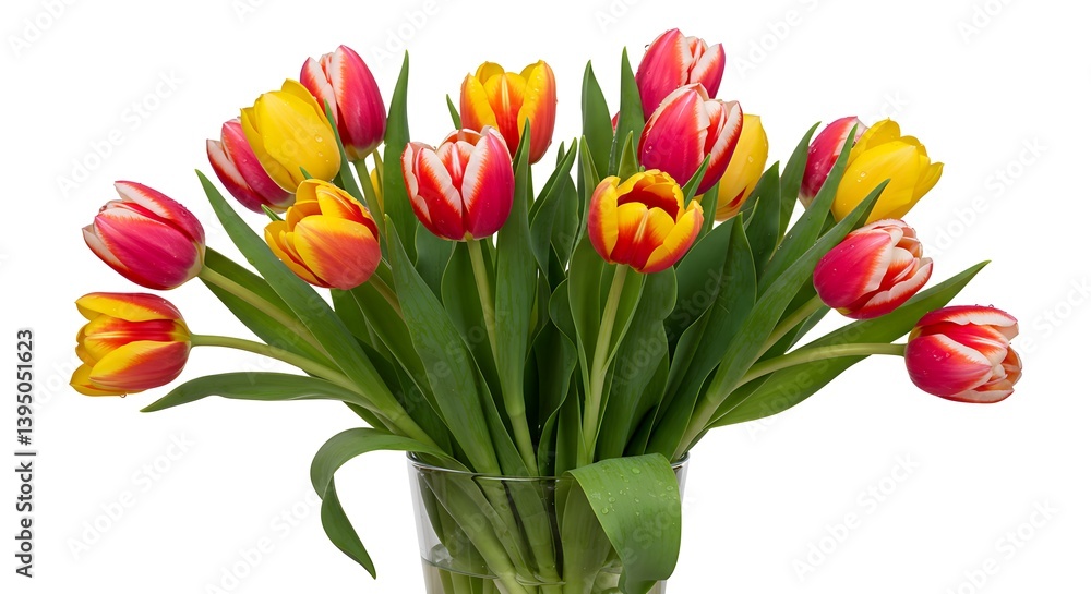 Colorful Tulips Bouquet in Glass Vase with Red and Yellow Blooms Colorful Tulips Bouquet in Glass Vase with Red and Yellow Blooms