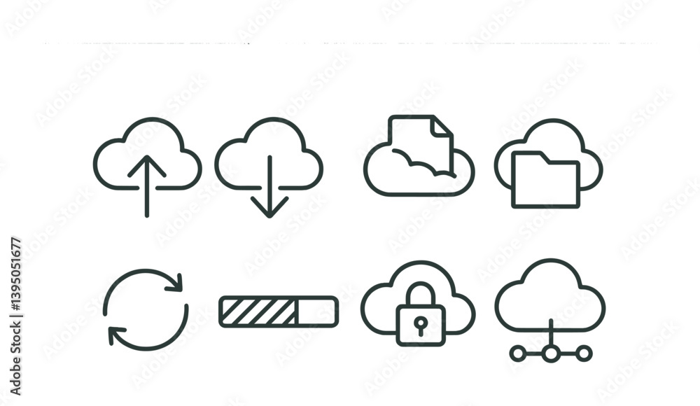 Cloud computing linear icons set: upload, download, sync, security, and more Cloud computing linear icons set: upload, download, sync, security, and more