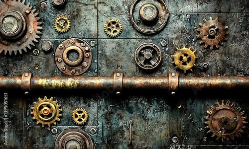Close-up view of an intricate steampunk machinery background featuring rusted gears and pipes