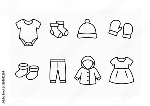 Linear baby clothing icons set: onesie, mittens, beanie, shoes, dress, pants, jacket
