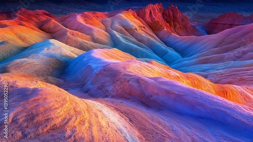 A glowing desert with colorful sand patterns and radiant rocks 