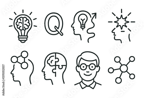 Cognitive process icons set: linear style for brainstorming and creativity
