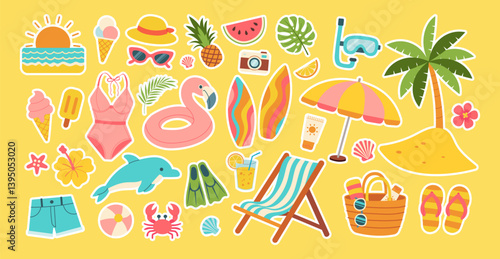 A collection of stickers depicting various beach and pool items, including a flamingo, a surfboard, a camera, a chair, a hat, a bikini, a watermelon, a pineapple, a cup, a bottle