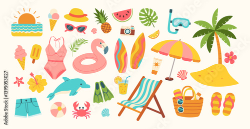 A collection of beach items including a swimsuit, a hat, a camera, a surfboard, a beach umbrella, and a pair of flip flops