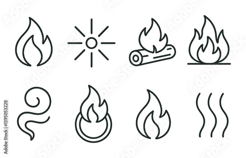Minimalist fire icon set: 8 linear designs for flames, heat, and warmth themes