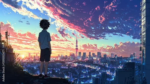 Cityscape at Sunset: A Boy's Contemplation