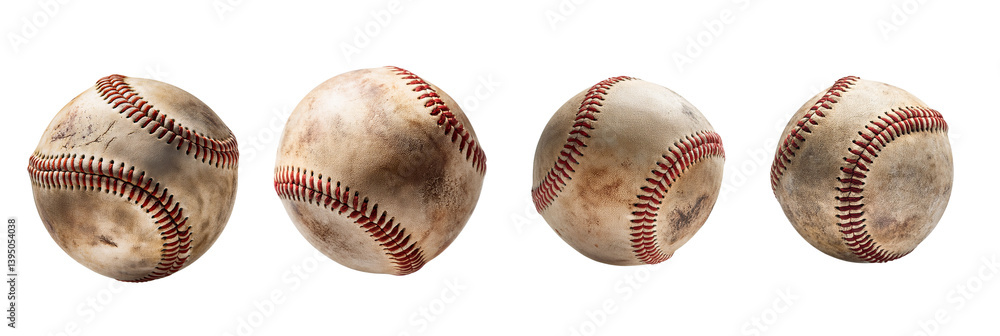 Fototapeta premium Collection of weathered baseballs showing varying degrees of wear and tear.
