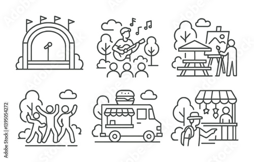 Outdoor event icon set: concert, art, dance, food truck, and vendor in linear style