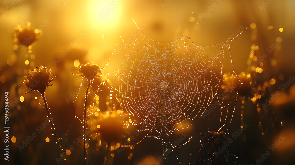 A close-up photography of a garden spider web, intricately woven between plants and glistening with dew drops in the morning light.
