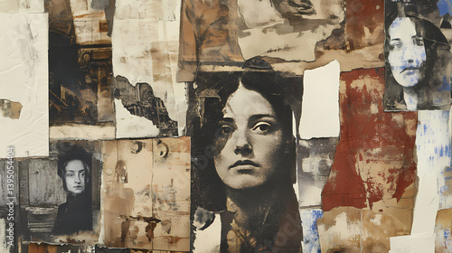Wallpaper Mural A collage of aged papers and faded portraits, revealing glimpses of forgotten faces and stories within a textured tapestry of time. Forgotten Tapestry. Illustration Torontodigital.ca