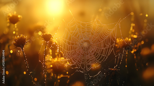 Obraz na płótnie A close-up photography of a garden spider web, intricately woven between plants and glistening with dew drops in the morning light. w salonie