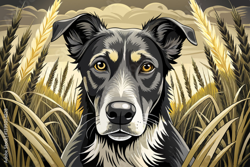 vector of Loyal gaze: A focused dog, amid a field of tall grass, stares steadily at the camera, expressing trust and loyalty, captured in a timeless monochrome.
