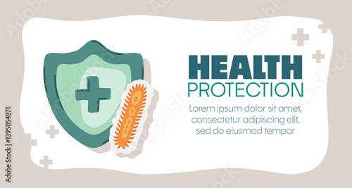 Guard shield attacked by virus, germs and bacteria. Immune system and virus protection concept with Health Protection text. Immunity hygienic medical prevention