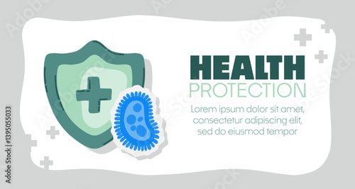Guard shield attacked by virus, germs and bacteria. Immune system and virus protection concept with Health Protection text. Immunity hygienic medical prevention