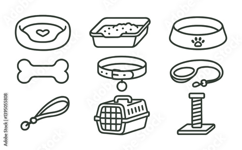 Linear pet care icons set: essentials for cats and dogs
