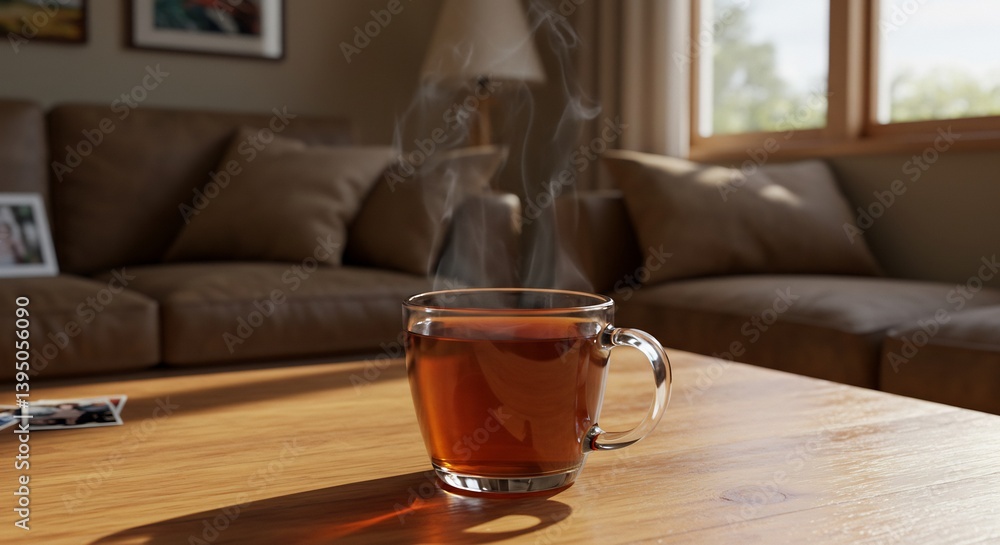 Warm Tea Steaming in Cozy Living Room. AI Generated Warm Tea Steaming in Cozy Living Room. AI Generated