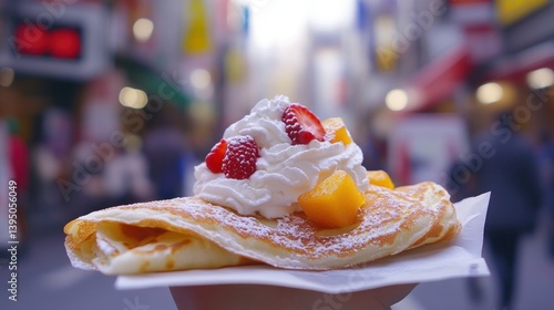 Fototapeta Naklejka Na Ścianę i Meble -  Tokyo street crepe, whipped cream, fruit, bustling market, dessert