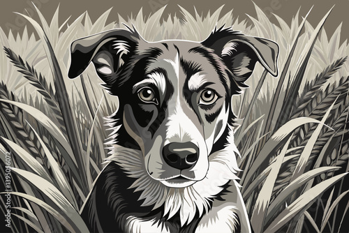 vector of Loyal gaze: A focused dog, amid a field of tall grass, stares steadily at the camera, expressing trust and loyalty, captured in a timeless monochrome.