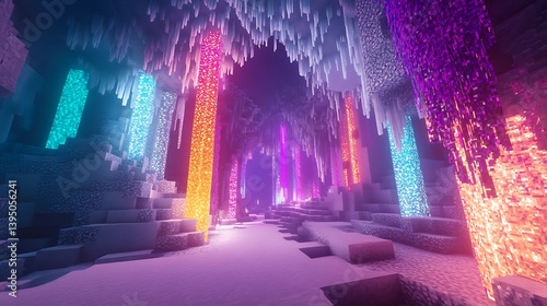 A glowing ice cave with shimmering walls and radiant stalactites 