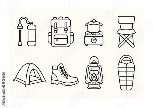 Essential camping icons set: backpack, tent, stove, and more in linear style