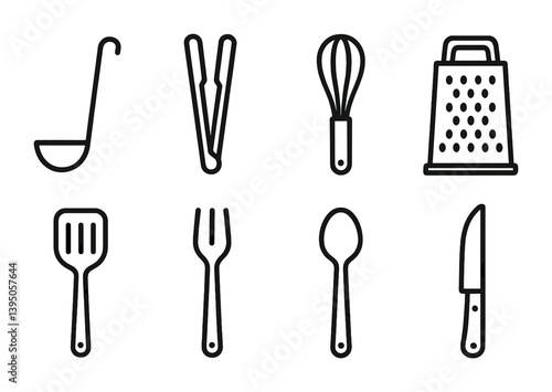 Essential kitchen utensils linear icon set: whisk, knife, grater, and more
