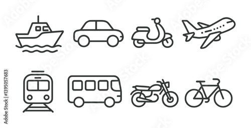 Linear transportation icons set: land, water, and air vehicle collection