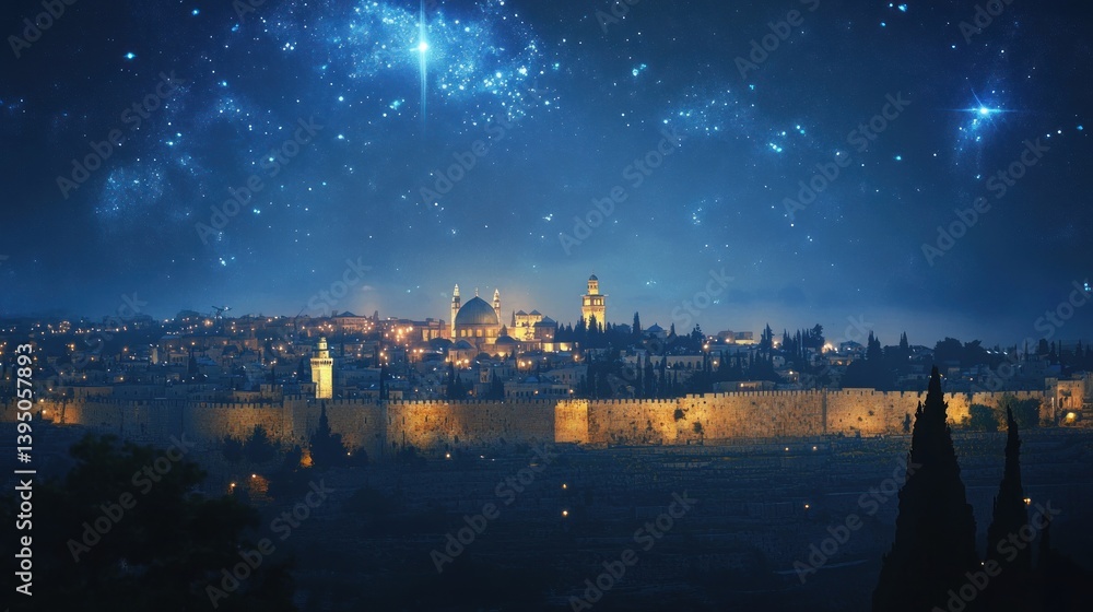 Obraz premium Starry Night, Jerusalem Skyline, Holy City, Christmas