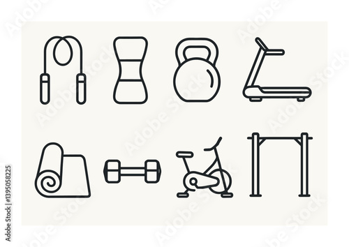 Linear fitness icon set: workout equipment and exercise tools