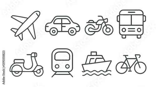 Linear transportation icon set featuring various modes of travel