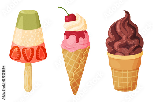Delicious ice creams layered popsicle, waffle cone and chocolate soft serve cone. Hand drawn flat style isolated illustration For dessert menus, ice cream packaging, posters, social media, summer food