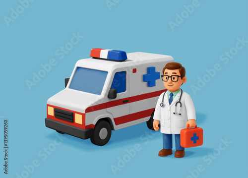 3D doctor with ambulance car isolated. Render doctor holding first aid kit and emergency vehicle. Healthcare services, medical professional character. Medical and health care. Vector illustration