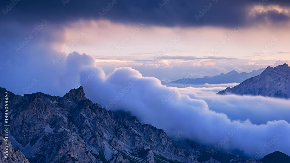 Clouds roll over rugged mountain peaks during twilight in a breathtaking alpine landscape Clouds roll over rugged mountain peaks during twilight in a breathtaking alpine landscape