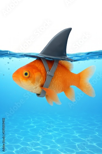Goldfish in Shark Fin Hat Swimming Playfully Underwater in Clear Blue Water with Bubbles and Light Reflections Creating Fun and Whimsical Scene