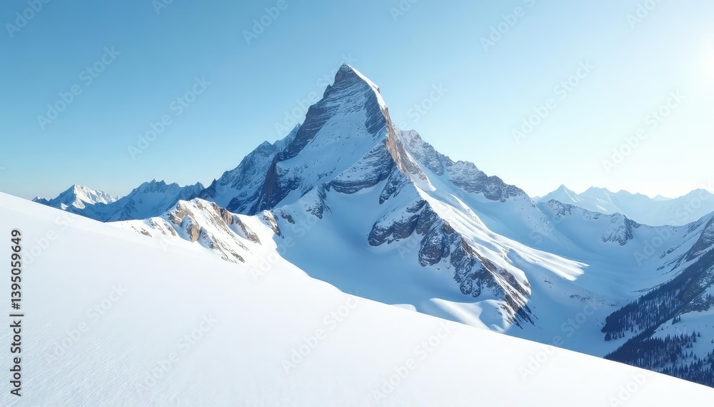 Obraz premium Snow-covered mountain peak, stark white landscape, sunlight reflecting on snow , ice, white nature