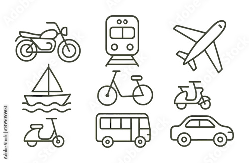 Transportation icons set: motorbike, train, airplane, boat, bicycle, scooter, bus, car